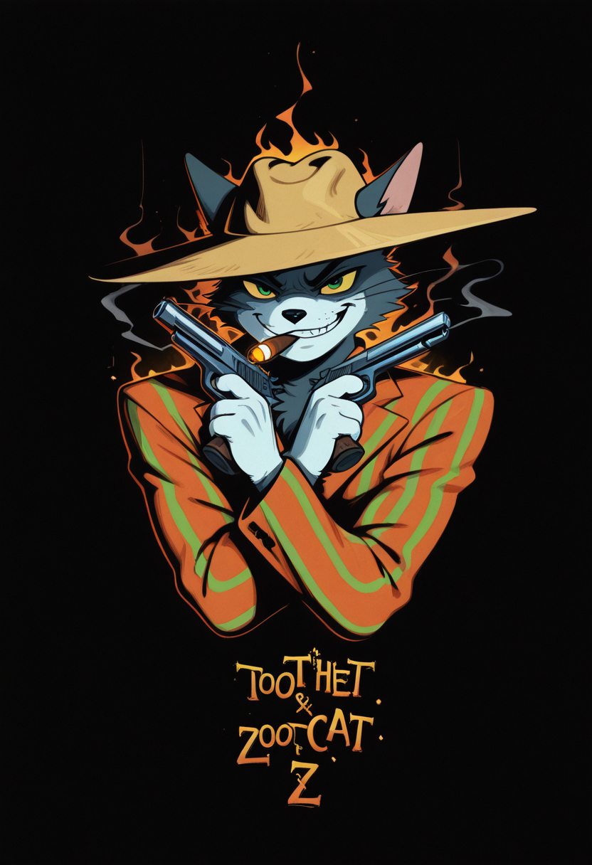 masterpiece, best quality, Graphic Design, color art, vibrant colors, colorful, intricate details, high contrast, detailed background, beautiful detailed, beautiful face, detailed eyes, detailed face, new, newest, z00tt0m, 1boy, solo, male focus, furry, cat, yellow sclera, green eyes, grey fur, whiskers, hat, formal, suit, striped jacket, simple background, black background, upper body, dynamic pose, orange aura, menacing, looking at viewer, grin, cigar in mouth, smoking, dark, weapon, holding handgun, dual wielding, 