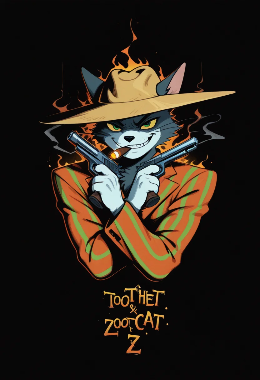 masterpiece, best quality, Graphic Design, color art, vibrant colors, colorful, intricate details, high contrast, detailed background, beautiful detailed, beautiful face, detailed eyes, detailed face, new, newest, z00tt0m, 1boy, solo, male focus, furry, cat, yellow sclera, green eyes, grey fur, whiskers, hat, formal, suit, striped jacket, simple background, black background, upper body, dynamic pose, orange aura, menacing, looking at viewer, grin, cigar in mouth, smoking, dark, weapon, holding handgun, dual wielding,
