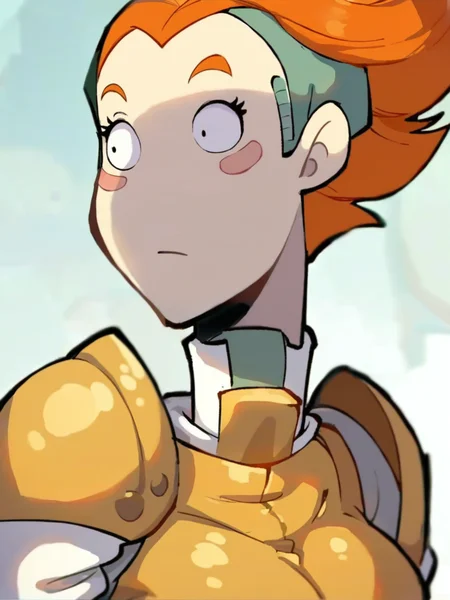 <lora:Goal:0.9> g_al, 1girl, noseless, pale skin, straight waist-length bright orange hair, wide eyes, long eyelashes, pink blush patches on cheeks, green headband, ((golden knight armor)), castle background, score_9, score_8_up, score_7_up,