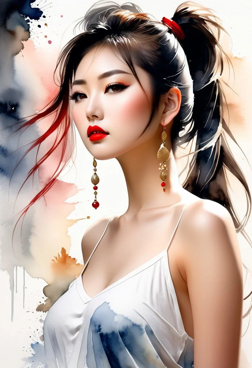 Magnificent abstract watercolor image in the style of a cinematic movie poster; ultra-crisp lines and high photorealism; low-angle, off-center view from below and the side, capturing a stunning 18 year old Japanese woman with large breasts and with a high ponytail, sultry red lips, smoky dark eyeshadow, and flawless porcelain skin; wearing a thin, loose camisole and a frayed denim shorts; adorned with layered heavy necklaces and long dangling earrings; dramatic, directional lighting casting expressive shadows; abstract, flowing background with vibrant watercolor textures; sensual and seductive atmosphere with a tasteful erotic allure; artistic, moody, and visually striking composition