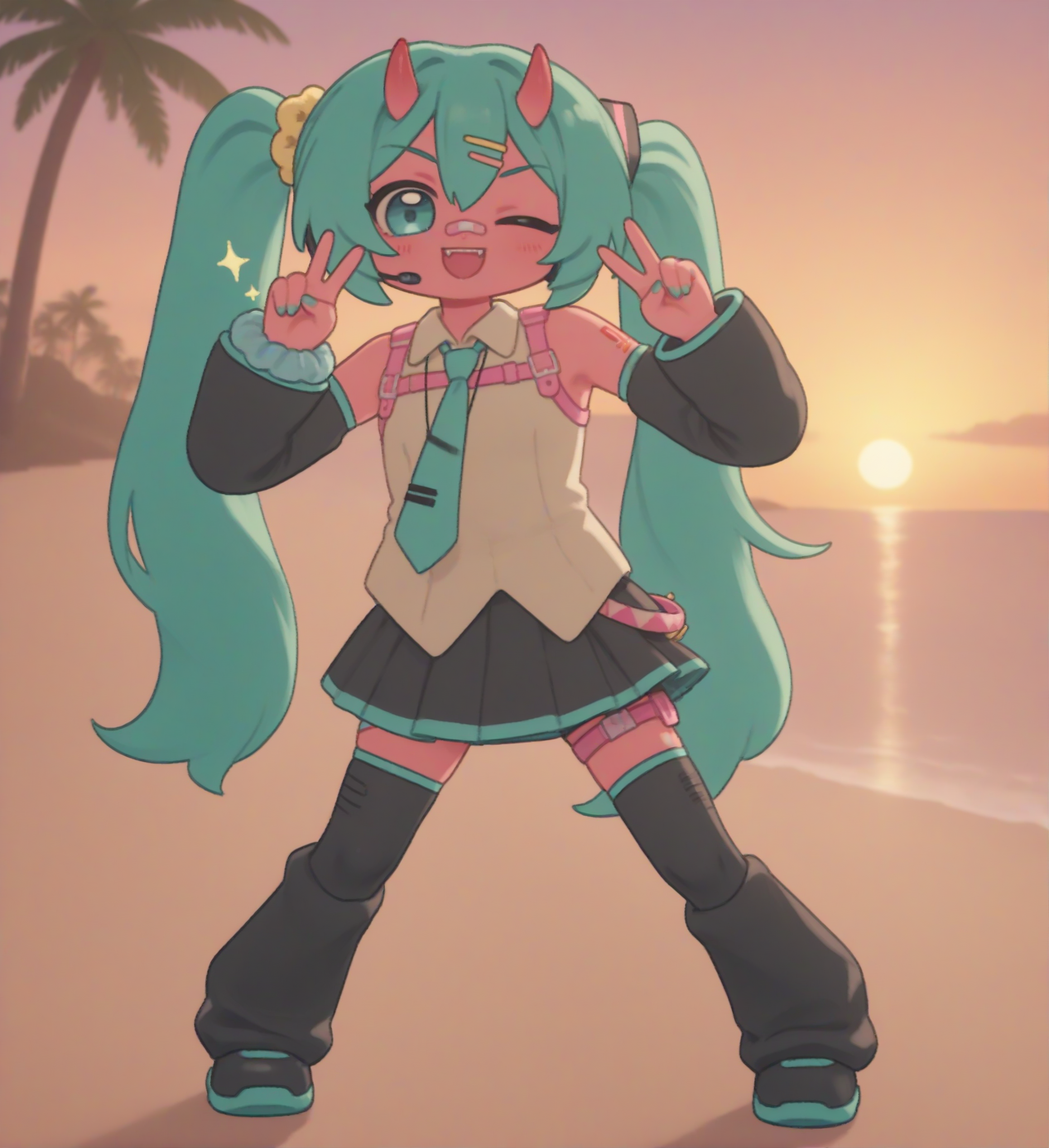 chibi  (full body, wink, double v, dance, sparkling:1.4), (beach, sunset, golden hour, clouds, palm trees, ocean, sand:1.6), fortnite_nemia, 1girl, solo, green hair, twintails, ponytail, long hair, bangs, hair between eyes, hair over one eye, ears, horns, oni horns, single horn, red skin, pink skin, blue eyes, parted lips, bandaid, bandaid on nose, bandaid on thighs, colored skin, hair ornament, hairclip, scrunchie, aqua nails, aqua necktie, bare shoulders, black skirt, black sleeves, black thighhighs, boots, detached sleeves, hair ornament, hatsune miku, headphones, headset, looking at viewer, miniskirt, nail polish, necktie, pleated skirt, shirt, shoulder tattoo, skirt, sleeveless, sleeveless shirt, open mouth, fangs, teeth, <lora:Fortnite_Nemia_Demonically_Cute_Set_ILXL_E29_16_DIM:0.8>,  <lora:Miratsu169_Style_il_v1.0:1.1>