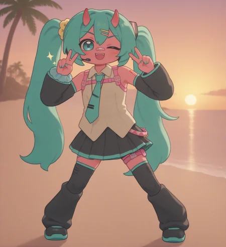 chibi (full body, wink, double v, dance, sparkling:1.4), (beach, sunset, golden hour, clouds, palm trees, ocean, sand:1.6), fortnite_nemia, 1girl, solo, green hair, twintails, ponytail, long hair, bangs, hair between eyes, hair over one eye, ears, horns, oni horns, single horn, red skin, pink skin, blue eyes, parted lips, bandaid, bandaid on nose, bandaid on thighs, colored skin, hair ornament, hairclip, scrunchie, aqua nails, aqua necktie, bare shoulders, black skirt, black sleeves, black thighhighs, boots, detached sleeves, hair ornament, hatsune miku, headphones, headset, looking at viewer, miniskirt, nail polish, necktie, pleated skirt, shirt, shoulder tattoo, skirt, sleeveless, sleeveless shirt, open mouth, fangs, teeth, <lora:Fortnite_Nemia_Demonically_Cute_Set_ILXL_E29_16_DIM:0.8>, <lora:Miratsu169_Style_il_v1.0:1.1>