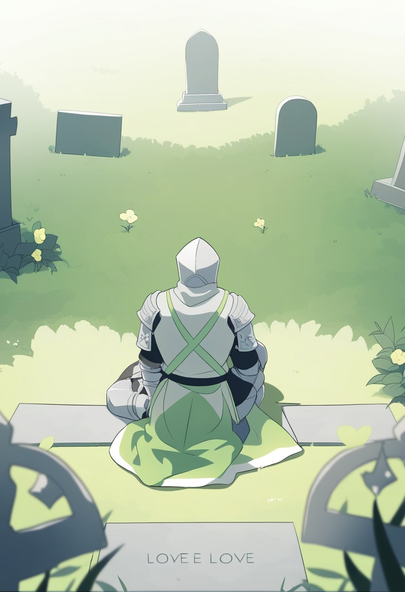 male knight kneeling in front of grave, green yard love theme, view from the back