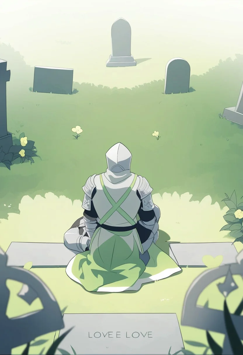 male knight kneeling in front of grave, green yard love theme, view from the back