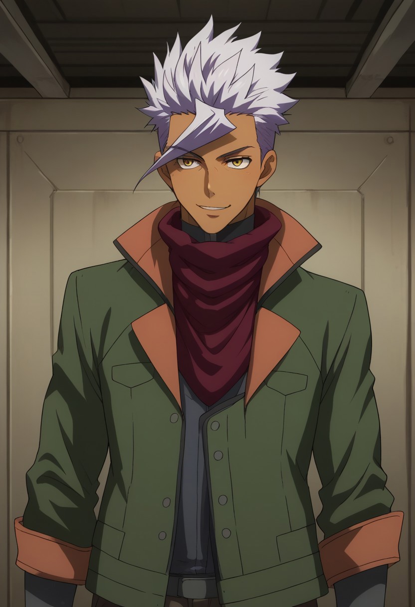 score_9, score_8_up, score_7_up, source_anime, highly detailed,
itsuka, 1boy, solo, male focus, dark-skinned male, jacket, white hair, yellow eyes, dark skin, standing, open jacket, green jacket, spiked hair, open clothes, scarf, purple scarf, upper body, smile
indoor, hangar,
