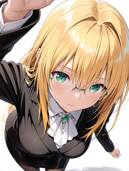 masterpiece,best quality,newest,
1girl,solo,
<lora:Tearju_ilxl_v1.1:1>,Tearju,t_glasses,t_clothes,black jacket,black skirt suit,pantyhose,
<lora:Fixhands_anime_bdsqlsz_V1:1>,dynamic_angle,cinematic_angle,white_background,simple_background,looking_at_viewer,standing,