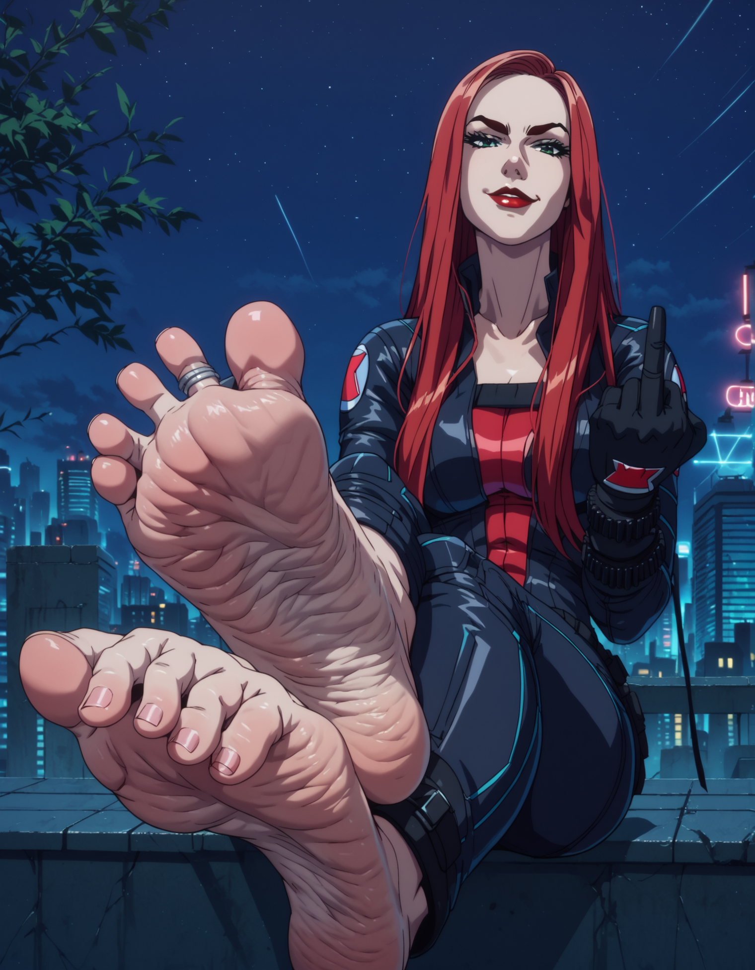 score_9, score_8_up, score_7_up, anime_source, BREAK,
masterpiece, best quality, mature woman, solo, <lora:NewAvengers:0.7> black widow, red hair, curly hair,  black body suit, belt, green eyes, bracelets, black gloves, barefoot, soles, wrinkled feet, wrinkled soles, looking at viewer, evil smirk, middle finger,  rooftop, outdoors, cityscape, night, neon lights,  <lora:g4n1m3XLP:0.7> g4n1m3