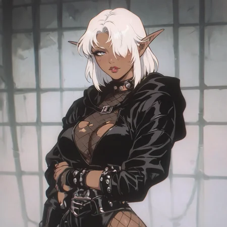 score_9, score_8_up, score_7_up, score_6_up, score_5_up, score_4_up,
BREAK
vintage, 1990s \(style\),
1girl, black nails, blush, boots, large breasts, skindentation, breast hold, cloak, dark-skinned female, dark elf, (dark skin:1.2), elf, (fishnet bodysuit:1.2), fishnet gloves, fishnet legwear, fishnets, hair over one eye, looking at viewer, ninja, pointy ears, purple nails, sharp fingernails, solo, white hair,
sexy, shiny skin, slut, pleasure, colorful, motion, torn clothes,
<lora:OldAnimeStyle_XL_v3:0.85>