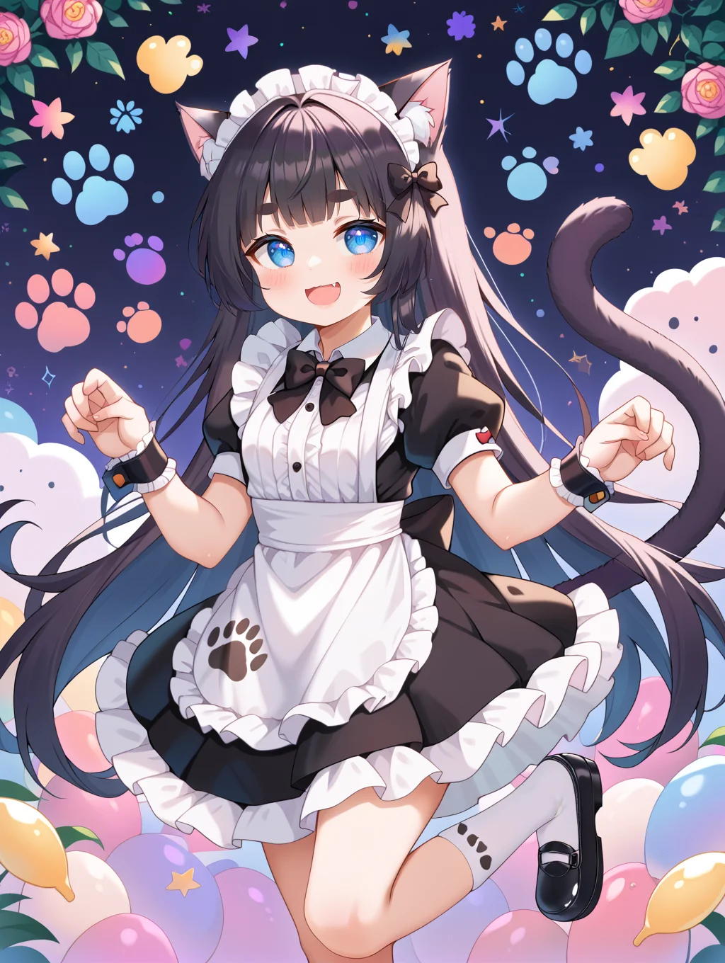 1girl,
solo, black bow, animal ear fluff, blush stickers, puffy sleeves, cat girl, waist apron, paw print, standing on one leg, socks, thick eyebrows, black hair, cat ears, very long hair, frills, :d, apron, maid, looking at viewer, open mouth, bowtie, puffy short sleeves, frilled apron, animal ears, short eyebrows, shoes, bow, wrist cuffs, standing, blue eyes, black dress, cat tail, white socks, black bowtie, paw print background, white apron, dress, maid headdress, smile, long hair, black footwear, tail, short sleeves,
A young girl with long dark hair and a big bow on her head. she is wearing a blue and white striped dress with a red ribbon tied around her neck. the dress has a ruffled skirt and black shoes. she has a pair of cat ears on top of her head, which are decorated with colorful flowers and leaves.
score_9, score_8_up, score_7_up, source_anime
<lora:style016:0.8>
