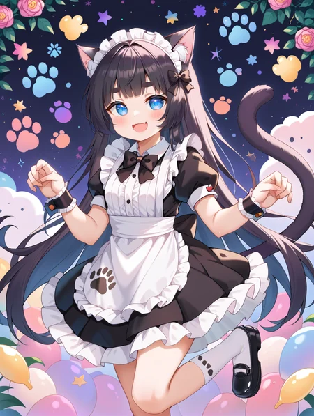 1girl, 
solo, black bow, animal ear fluff, blush stickers, puffy sleeves, cat girl, waist apron, paw print, standing on one leg, socks, thick eyebrows, black hair, cat ears, very long hair, frills, :d, apron, maid, looking at viewer, open mouth, bowtie, puffy short sleeves, frilled apron, animal ears, short eyebrows, shoes, bow, wrist cuffs, standing, blue eyes, black dress, cat tail, white socks, black bowtie, paw print background, white apron, dress, maid headdress, smile, long hair, black footwear, tail, short sleeves,
A young girl with long dark hair and a big bow on her head. she is wearing a blue and white striped dress with a red ribbon tied around her neck. the dress has a ruffled skirt and black shoes. she has a pair of cat ears on top of her head, which are decorated with colorful flowers and leaves.
score_9, score_8_up, score_7_up, source_anime
 <lora:style016:0.8>