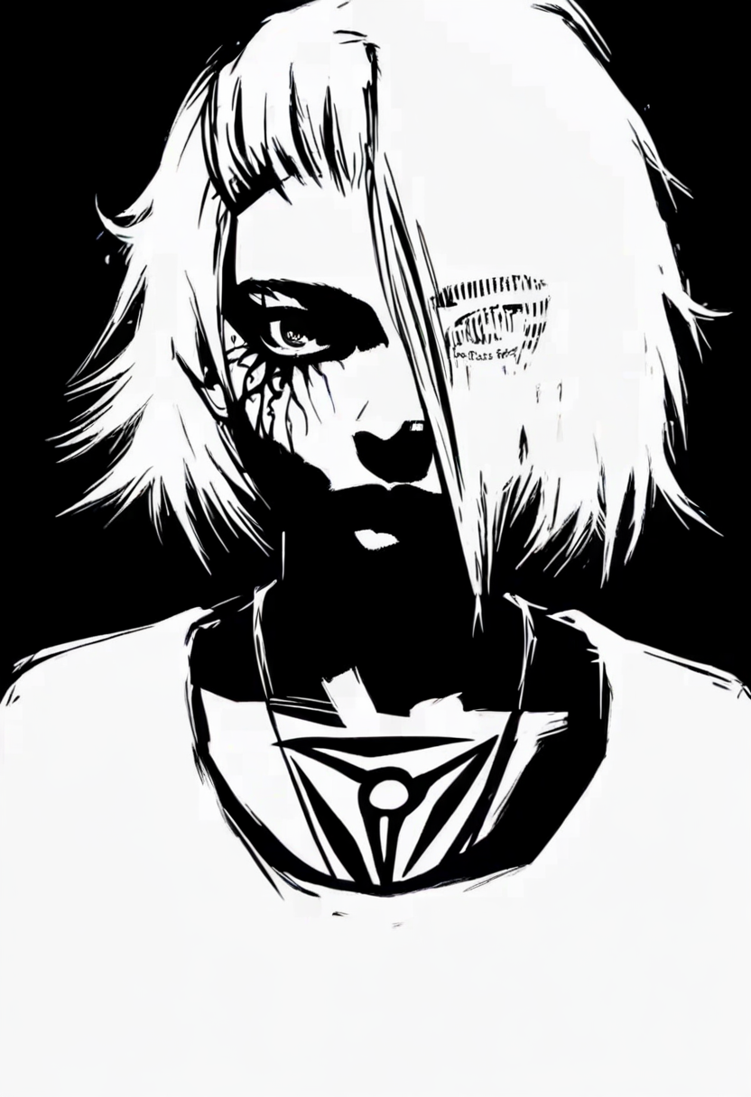 monochrome, greyscale, solo, black background, tattoo, 1girl, looking at viewer, short hair, simple background, hair over one eye, necklace, upper body, closed mouth, jewelry <lora:odysseasXL_NBVP1_lokr_V6311PZ:0.95>