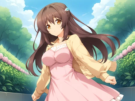 <lora:EXS-TIA:1>,lusterise,1girl,marina,brown hair,large breasts,brown eyes,casual marina,standing,outdoors,garden,cowboy shot,dress,yellow sweater,thighband pantyhose,pink dress,open cardigan,, score_9, score_8_up, score_7_up,source_anime,(masterpiece),(best quality),(ultra-detailed),(best illustration),(best shadow),(absurdres),(detailed background),(very aesthetic),source_anime