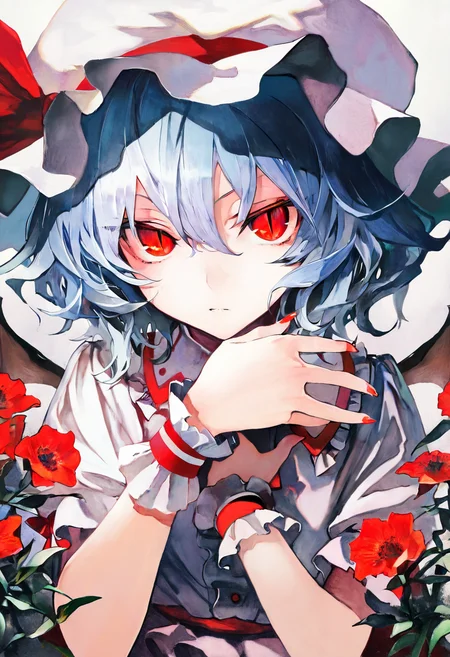 masterpiece ,best quality,artist:Banpai Akira, 1girl,solo,remilia scarlet,wings,hat,flower,bat wings,red eyes,wrist cuffs,short hair,hat ribbon,upper body,ribbon,slit pupils,looking at viewer,traditional media,blue hair,