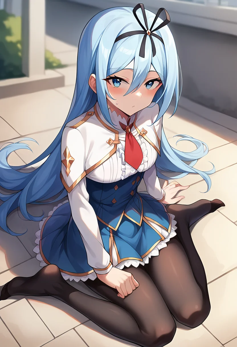 score_9, score_8_up, score_7_up, source_anime, masterpiece, 1girl, ctiankrulc1fer, light blue hair, blue eyes, white capelet, red necktie, underbust, blue skirt, center frills, frilled skirt, long sleeves, black pantyhose, wariza, feet, ground, looking up, looking at viewer, outdoors, city, depth of field, sunny, day, sweat, smell,<lora:Krulcifer_Einfolk_pony_ct:1>