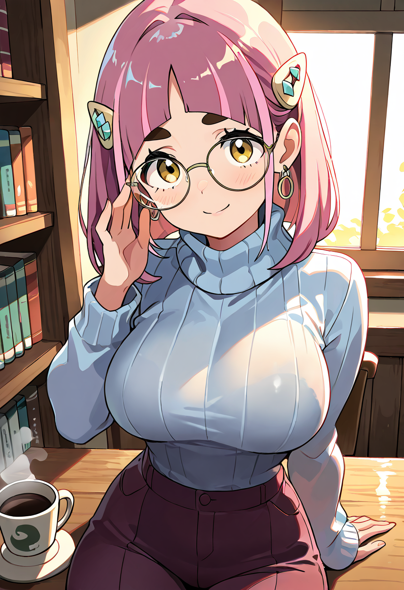 masterpiece, best quality, solo, curvy, beautiful eyes, narrow waist, wide hips, 1girl, solo, smile, looking at viewer, dynamic angle, foreshortening, close up,    zzLacey, lacey (pokemon), yellow eyes, pink hair, medium hair, hair ornament, thick eyebrows, arched bangs, hairclip,    ,<lora:LaceyPokemonIXL:1.0>, [Cozy Intellectual Charm], Warm turtleneck sweater, small hoop earrings, reading glasses, soft scarf, Sitting at a wooden table in a quiet library, steam curling from a coffee cup, surrounded by books and ambient golden lighting through tall windows.