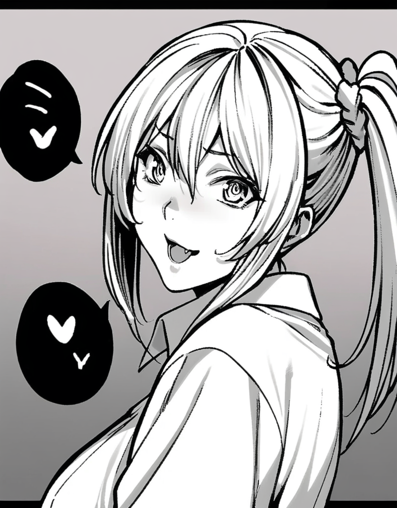 masterpiece, best quality, <lora:style61-a31-000015:1>,side ponytail, monochrome, greyscale, 1girl, fang, solo, blush, smile, open mouth, hair between eyes, looking at viewer, virtual youtuber, bangs, :d, scrunchie, collared shirt, heart, sidelocks, speech bubble