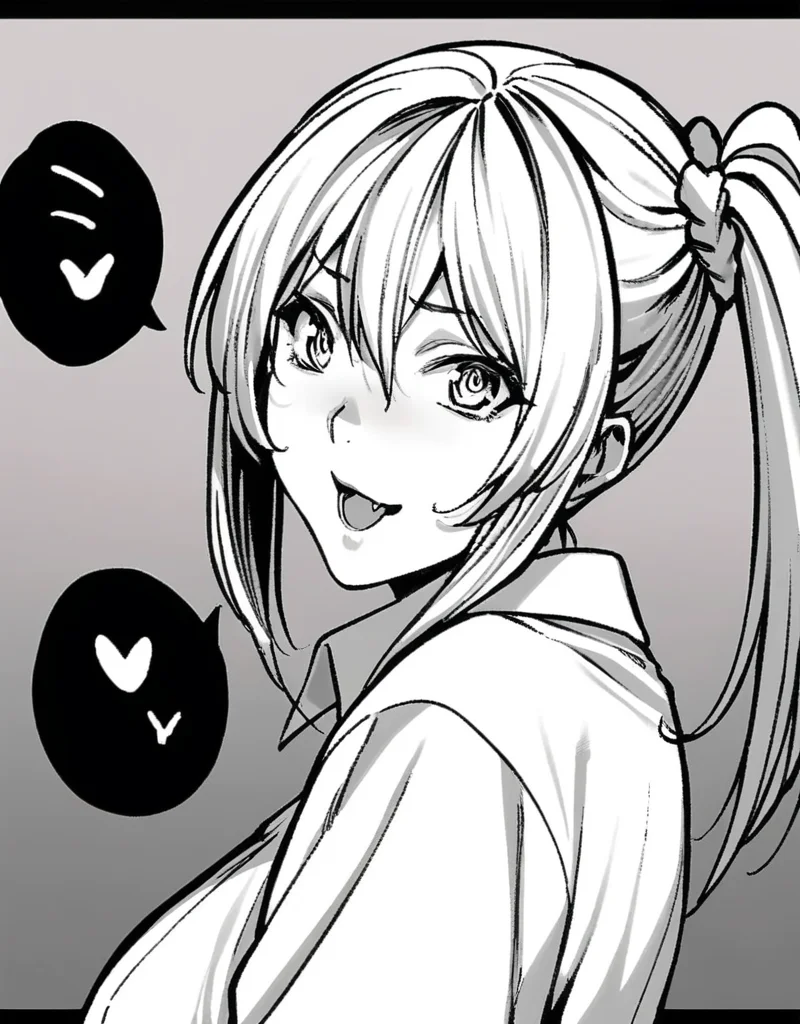 masterpiece, best quality, <lora:style61-a31-000015:1>,side ponytail, monochrome, greyscale, 1girl, fang, solo, blush, smile, open mouth, hair between eyes, looking at viewer, virtual youtuber, bangs, :d, scrunchie, collared shirt, heart, sidelocks, speech bubble