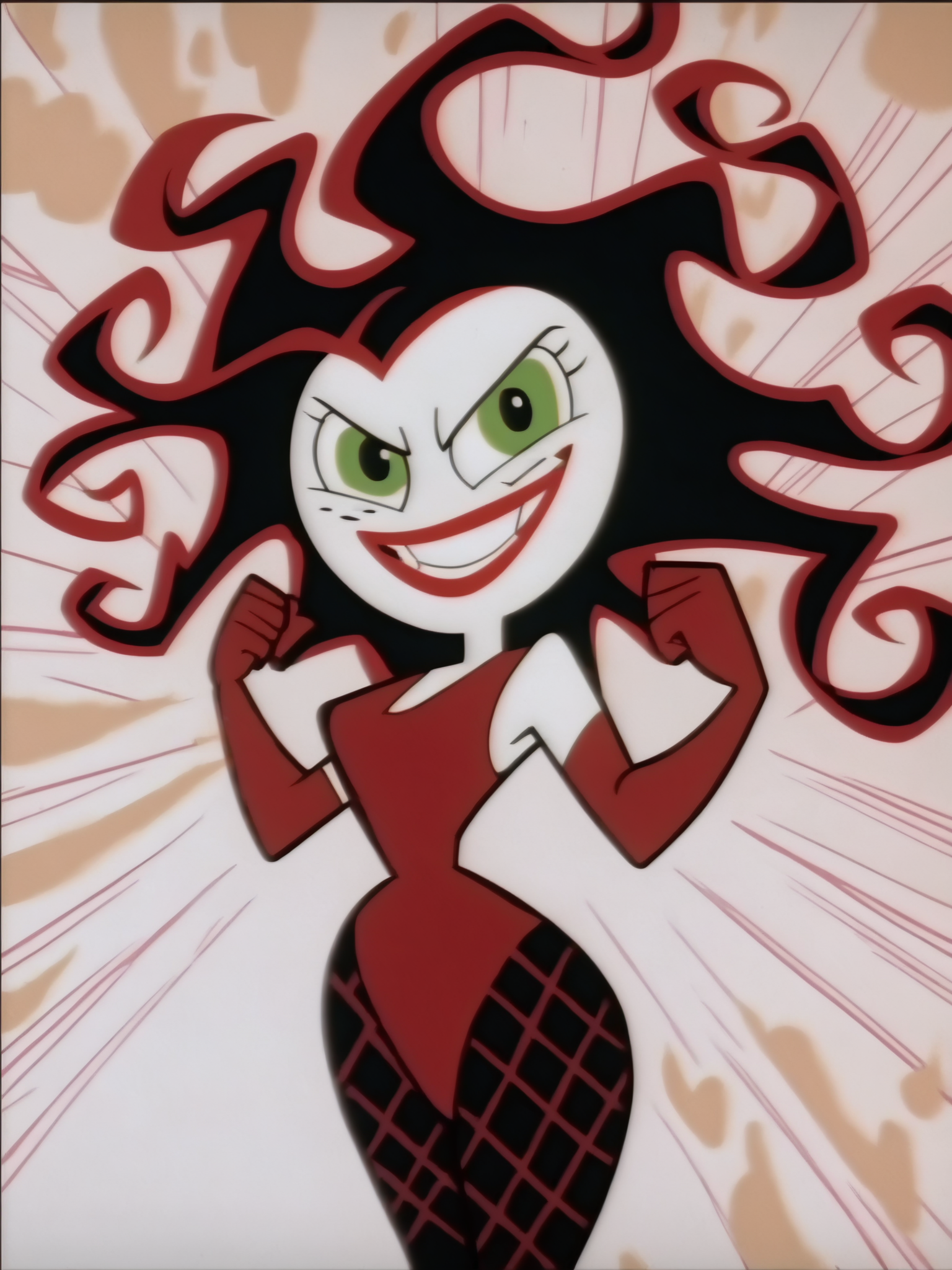 score_9, score_8_up, score_7_up, 1girl, hands up, crazy, fire around, city, explosion, evil smile, looking at viewer, smile, cowboy shot, (dynamic pose:1.1), dynamic angle, sexually suggestive, from side,
<lora:ASedusa_character:1>, SedusaXLP, long hair, black hair, wavy hair, green eyes, makeup, colored skin, white skin, red leotard, floating hair, red elbow gloves, fishnet pantyhose, flat color, cartoon, anime screencap, open colthes,