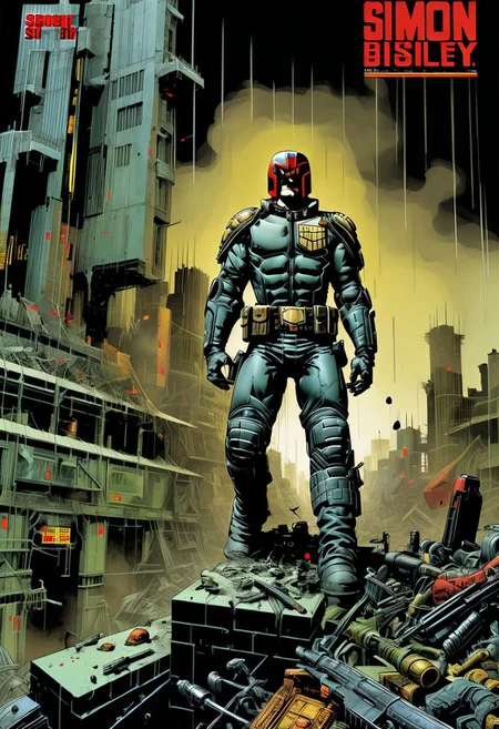 score_9, source_comic, (Part 1 above, Part 2 below) BOOK OF THE SIMON BISLEY, art station, BANDE DESSINÉE story transcription, full color. (Judge Dredd),vector