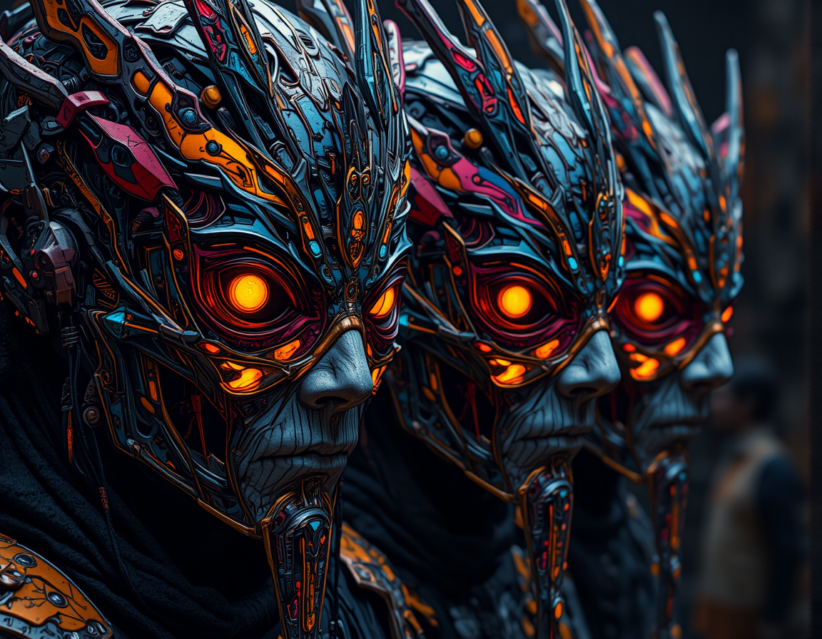 intricate masks crafted from vibrant, textured materials, blending traditional and surreal design elements. The masks feature sharp, angular lines with glowing accents that seem to shift and pulse subtly. They are applied with precision, creating a dynamic interplay between light and shadow. The designs incorporate abstract patterns that appear almost alive, as if ready to transform at any moment. The overall scene is one of controlled chaos, balancing symmetry with the unpredictability of the masks' shifting features.