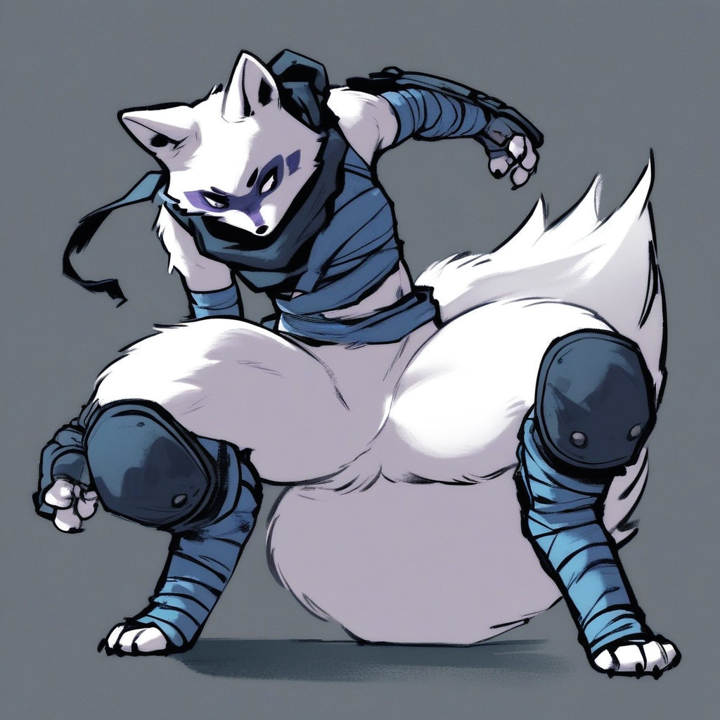 score_9, score_8_up, score_7_up, score_6_up, score_5_up, score_4_up,furry, anrhro, furry artic fox, bandages, ninja outfit, ninja, bottomless. featureless crotch, knee pads, arm guard, leg wraps, fluffy thighs, Alopex, expressionless