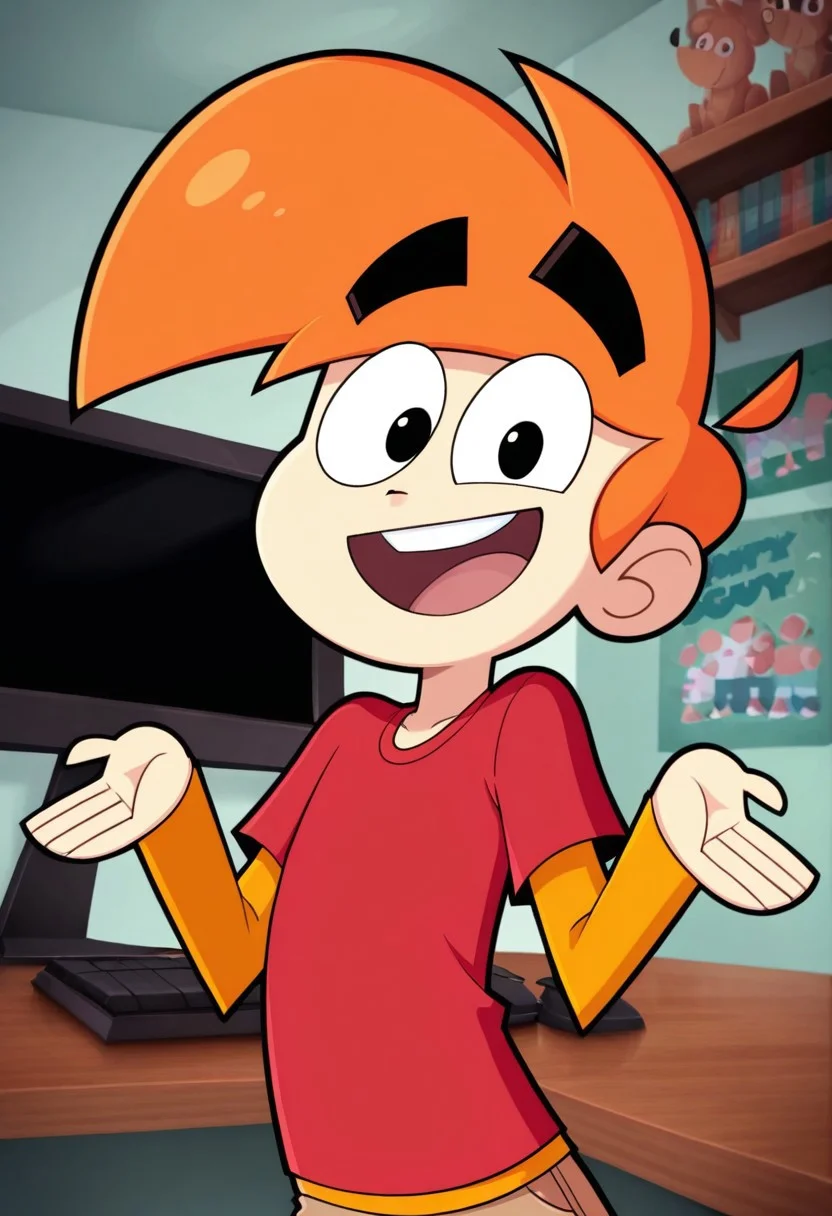 score_9, score_8_up, score_7_up, masterpiece, best quality, amazing quality, ls mark, 1boy, solo, black eyes, orange hair, shirt, red shirt, male focus, smile, open mouth, indoors, teeth, monitor, upper teeth only, upper body, long sleeves, desk, poster \(object\), bookshelf, shrugging, figure, short sleeves