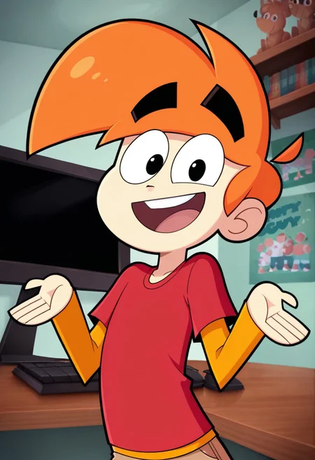 score_9, score_8_up, score_7_up, masterpiece, best quality, amazing quality, ls mark, 1boy, solo, black eyes, orange hair, shirt, red shirt, male focus, smile, open mouth, indoors, teeth, monitor, upper teeth only, upper body, long sleeves, desk, poster \(object\), bookshelf, shrugging, figure, short sleeves