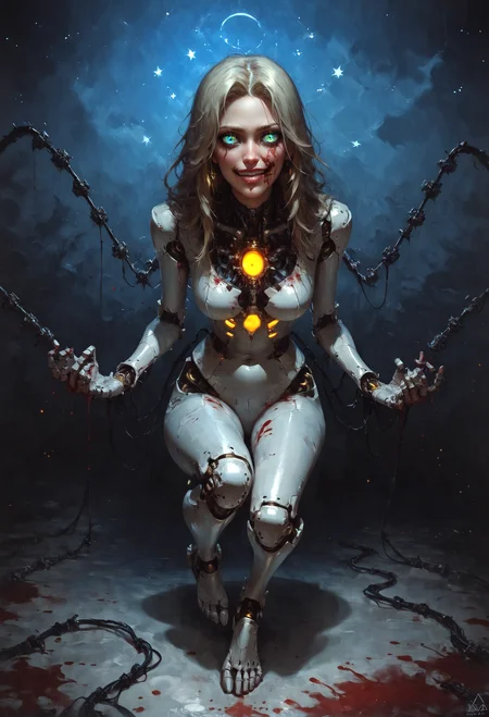 score_9, score_8_up, score_7_up, (android, fully mechanical, metatronsmt, crazy smile, blood on half face, blonde hair, green eyes, android, robot joints, intervention unit, very complex robot, glowing chest:1.2, full metal body, white), full body, mechanical toes, solo, dark eyes, provocative, cosmic background, cables and wires everywhere, smirk, black theme, covered face <lora:Concept Art Twilight Style SDXL_LoRA_Pony Diffusion V6 XL:0.8><lora:Expressive_H-000001:0.8> expressiveH<lora:d4rk01lXLP:0.7> d4rk01l<lora:zs_Metatron:2>