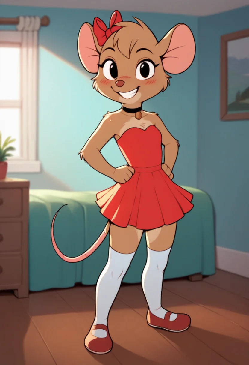 score_9, score_8_up, score_7_up, score_6_up, score_5_up, 1girl, solo, full body,
<lora:Olivia Flaversham (The Great Mouse Detective) (Pony):0.8>
Olivia_F, furry female, body fur, brown fur, animal nose, mouse ears, animal ears, (hair ribbon), short hair,
choker, grin, teeth,
(leggings), minidress, red dress,
seductive pose,
indoors, (detailed background), bedroom,
looking at viewer, coy smile, flirtatious look,
sultry expression, blush,
