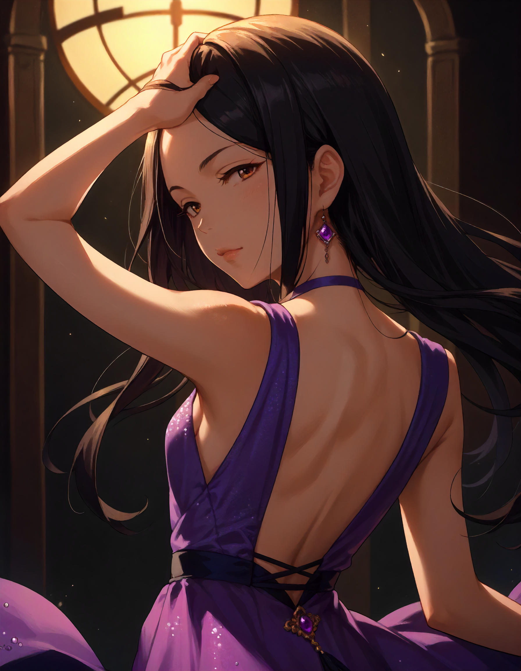 score_9,score_8_up,score_7_up,1girl,solo,upper body,looking back,bare back,nape,volumetric lighting,
<lora:hiiragishino_ponyXLV6:0.8>,cghsn,black hair,long hair,brown eyes,purple dress