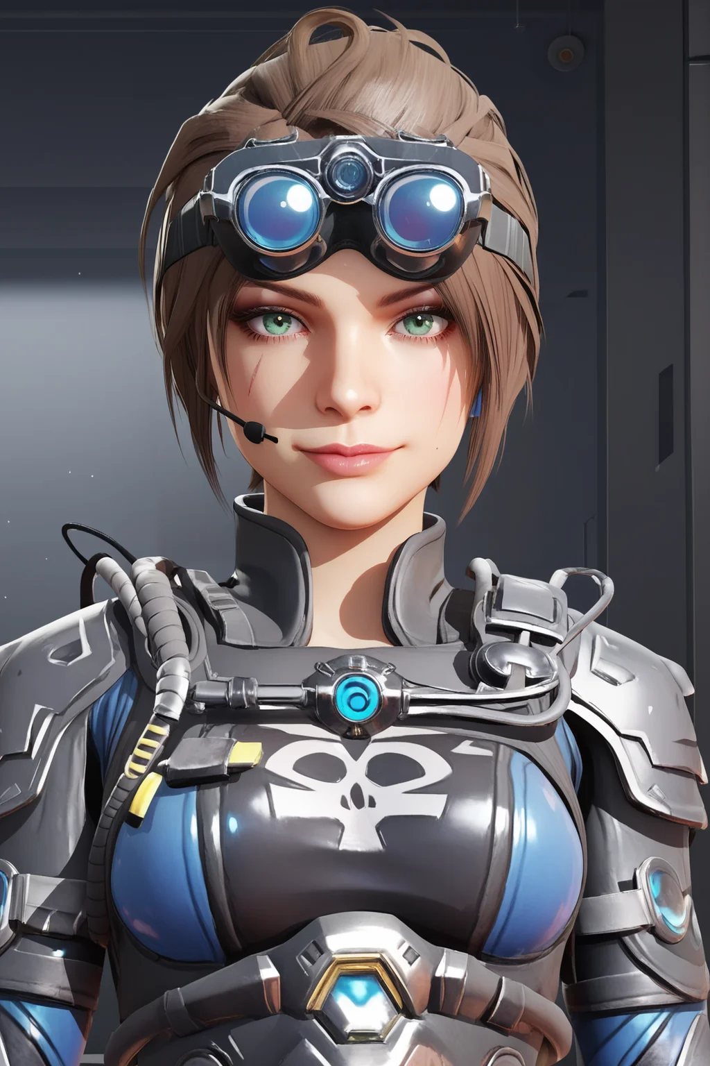score_9, score_8_up, score_7_up, score_6_up, BREAK, AliasDeepDCODXL, scar on cheek, green eyes, brown hair, short hair, parted bangs, single hair bun, headset, googles on head, medium breasts, black armor, shoulder pads, blue bodysuit, black bodysuit, multicolored bodysuit, skull print, solo, front view, (portrait, upper body), solo focus, seductive smile, looking at viewer, indoors <lora:AliasDeepDCODXL:0.9>
