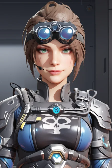 score_9, score_8_up, score_7_up, score_6_up, BREAK, AliasDeepDCODXL, scar on cheek, green eyes, brown hair, short hair, parted bangs, single hair bun, headset, googles on head, medium breasts, black armor, shoulder pads, blue bodysuit, black bodysuit, multicolored bodysuit, skull print, solo, front view, (portrait, upper body), solo focus, seductive smile, looking at viewer, indoors <lora:AliasDeepDCODXL:0.9>