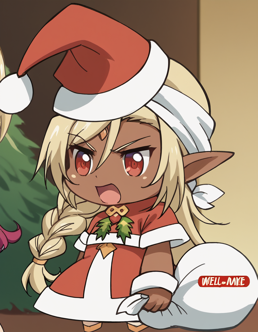 score_9, score_8_up, score_7_up, source_anime, <lora:bikiniwarrior-darkelf-s1-ponyxl-lora-nochekaiser:1>, darkelf, long hair, blonde hair, braid, pointy ears, dark skin, dark-skinned female, elf, dark elf, hair between eyes, red eyes, hair over shoulder, lipstick, anime screencap,, <lora:padoru-ponyxl-lora-nochekaiser:1>, padoru, padoru (meme), holding sack, sack, santa hat, meme, christmas, open mouth, chibi, red capelet, santa dress, capelet, fur-trimmed headwear,, , dutch angle, cowboy shot