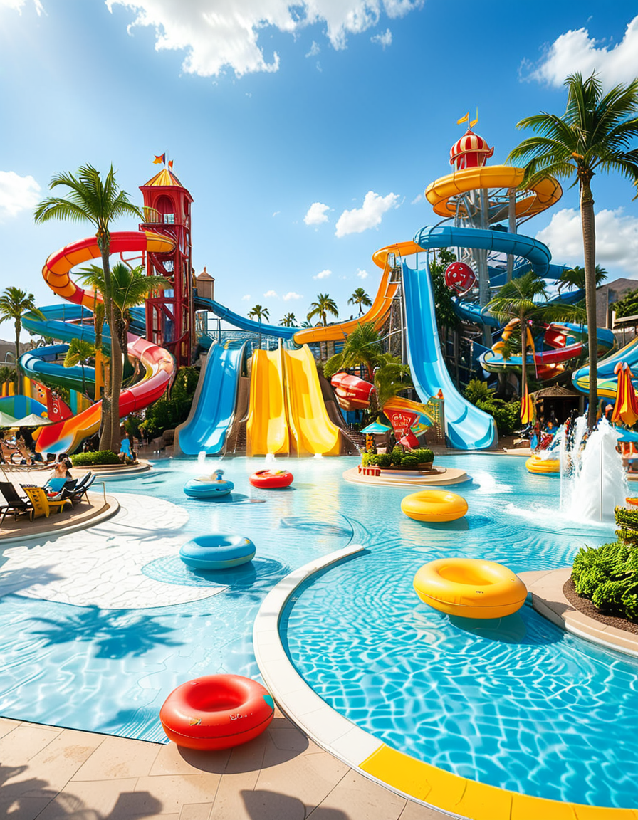 A vibrant and exciting water park on a sunny summer day, filled with families and friends enjoying the attractions. In the foreground, a massive twisting water slide with bright colors (blue, yellow, and red) spirals down into a large, crystal-clear pool. People are mid-air, splashing into the water with big smiles and excitement on their faces. To the left, a lazy river with inflatable tubes gently floats visitors under small waterfalls and palm trees. In the center, a giant wave pool creates artificial waves, with children and adults riding them on inflatable boards. A tall, multi-story play structure with water cannons, tipping buckets, and small slides is surrounded by kids laughing and playing. The background features lounge chairs with sunbathers, colorful umbrellas, and a snack bar selling ice cream and drinks. The sky is bright blue with fluffy white clouds, and the sunlight reflects off the wet surfaces, enhancing the cheerful summer atmosphere. The overall mood is fun, energetic, and full of joy.
<lora:SDXLFaeTastic2400:0.4> <lora:extremely_detailed:0.4> extremely detailed, <lora:water_p4rk:1>,water p4rk, Masterpiece,best quality,hi res,8k,hi res,8k,award winning,(sharp focus, intricate, highly detailed),