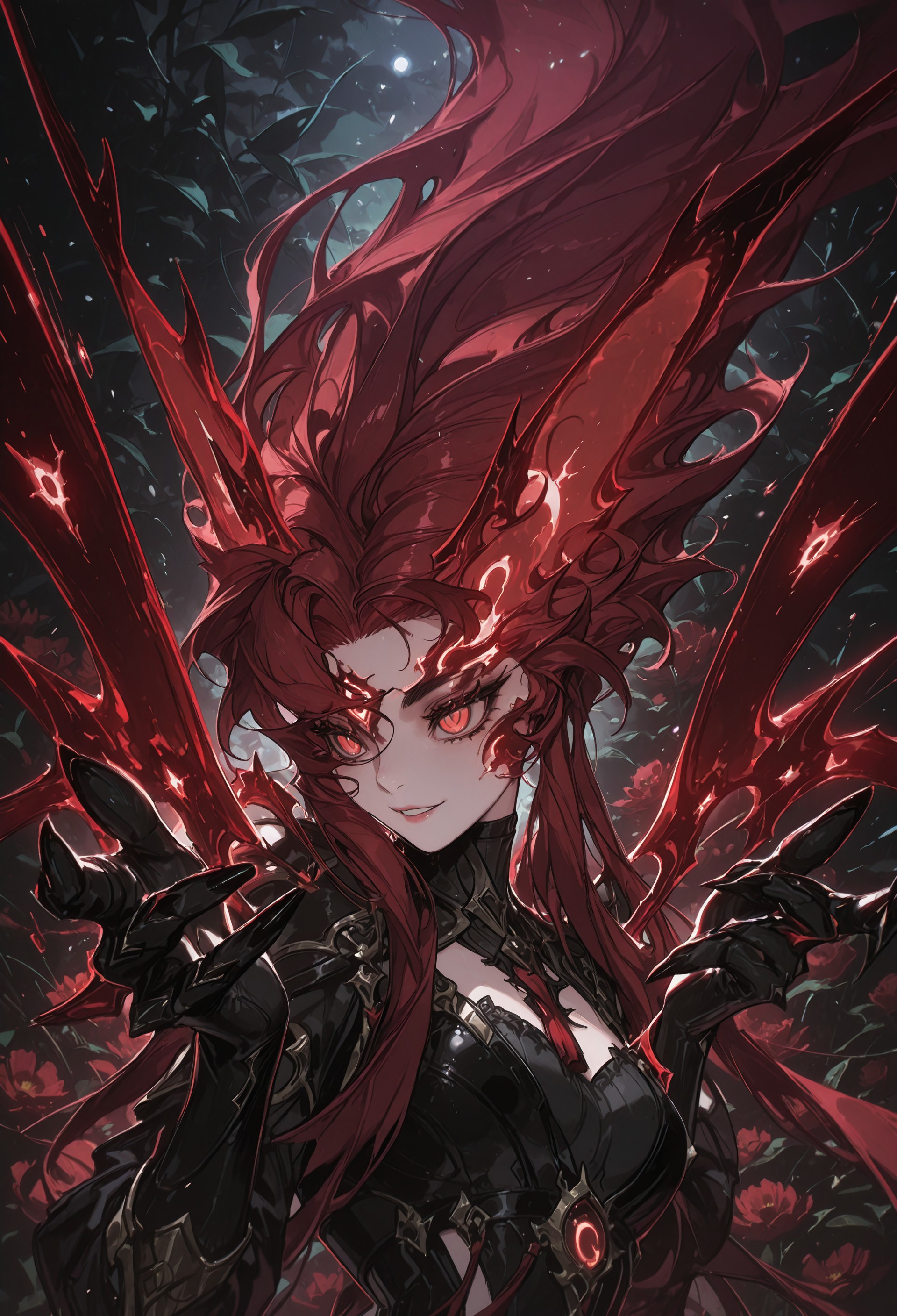 dark red hair, (very long hair:1.4), (Mino Han:1.3), sleeves, wavy hair, (wild hair:1.5), bangs, thick hair, golden shoulder pads, (manhwa:1.5), (korean girl:1.5), (photorealistic:1.3), (adult:1.4), thick eyelids, black eyeliner, thick red eyebrows, black dress, turtleneck, cleavage, (sexy:1.6), bold, black gloves, black long nails, sexy grin, blink, garden background, blood, bold pose, (girl with red glowing fairy wings:1.2), red eyes, feline pupils, (front view:1.7), upper body portrait, (five fingers:1.5),
(painterly:1.3), (surreal:1.5), best quality, flat color, majestic, best quality, amazing quality, intricate detail, highly detailed, newest, highres, 8K, HDR, absurdres, high quality, dynamic composition, best quality, vibrant colors, holographic colors, gradient colors, (glamour shot:1.5), foreshortening