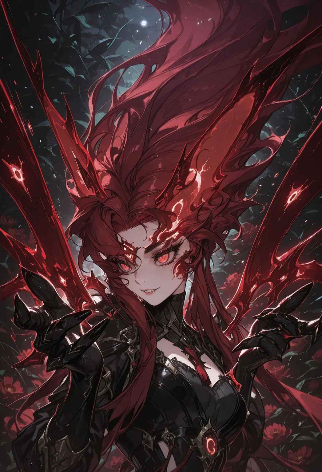 dark red hair, (very long hair:1.4), (Mino Han:1.3), sleeves, wavy hair, (wild hair:1.5), bangs, thick hair, golden shoulder pads, (manhwa:1.5), (korean girl:1.5), (photorealistic:1.3), (adult:1.4), thick eyelids, black eyeliner, thick red eyebrows, black dress, turtleneck, cleavage, (sexy:1.6), bold, black gloves, black long nails, sexy grin, blink, garden background, blood, bold pose, (girl with red glowing fairy wings:1.2), red eyes, feline pupils, (front view:1.7), upper body portrait, (five fingers:1.5),
(painterly:1.3), (surreal:1.5), best quality, flat color, majestic, best quality, amazing quality, intricate detail, highly detailed, newest, highres, 8K, HDR, absurdres, high quality, dynamic composition, best quality, vibrant colors, holographic colors, gradient colors, (glamour shot:1.5), foreshortening