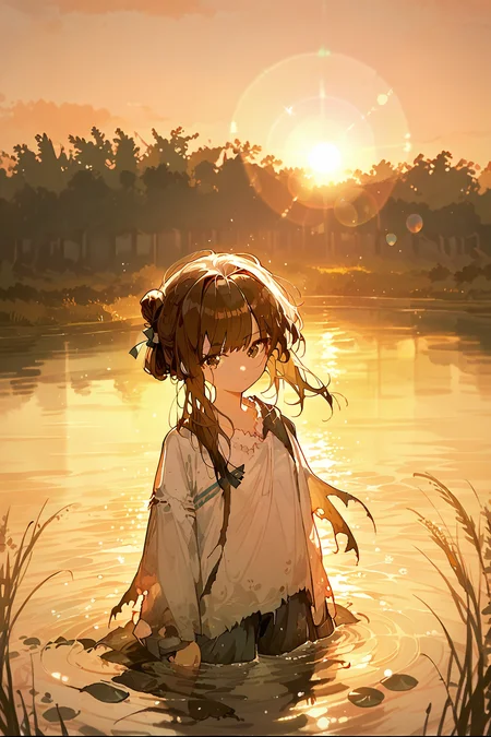 (score_9,score_8_up,score_7_up),<lora:mansui-v1:1>,mansui,1girl,solo,brown hair,wading,water,outdoors,looking at viewer,torn clothes,shirt,hair bun,closed mouth,bangs,sunset,long hair,ribbon,lens flare,sky,grass,sun,
good feet,anime,NSFW,expressive,amazing quality,ultra hd 32k,