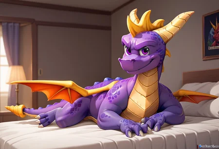 score_9, score_8_up, score_7_up, score_6_up, score_5_up, score_4_up, solo, rating_safe, source_furry, 1boy, bedroom, smile, full body, laying,
,
solo, dragon, horns, purple eyes, wings, claws
,
by_dreiker