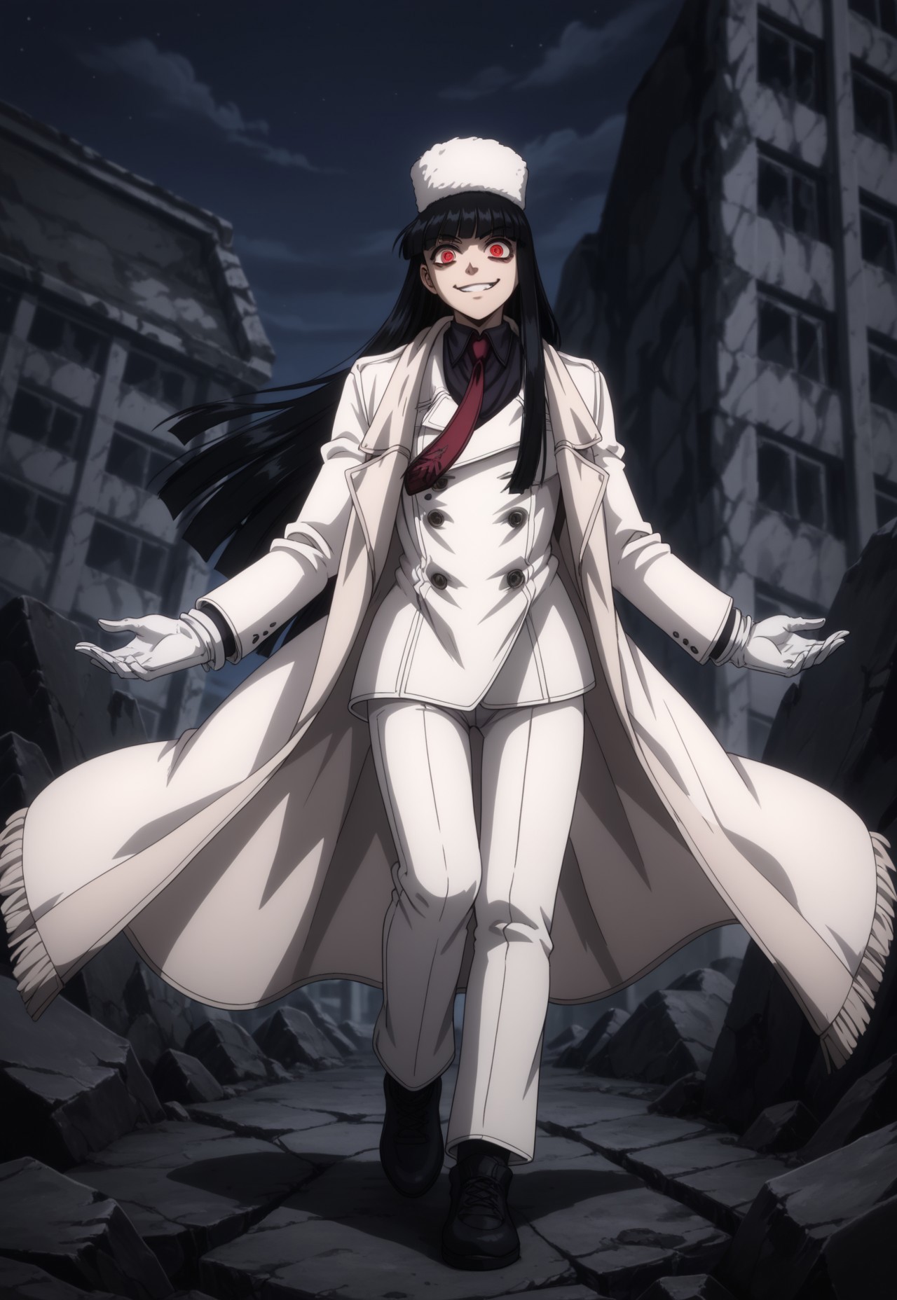 safe_pos, score_9, score_8_up, score_7_up, masterpiece, best quality, Girlycard, solo, 1girl, female focus, black hair, long hair, hime cut, blunt bangs, red eyes, fur hat, white jacket, black shirt, red necktie, white coat, white scarf, white gloves, white pants, black shoes, crazy eyes, smirk, ruins, night, dynamic pose, perspective 
