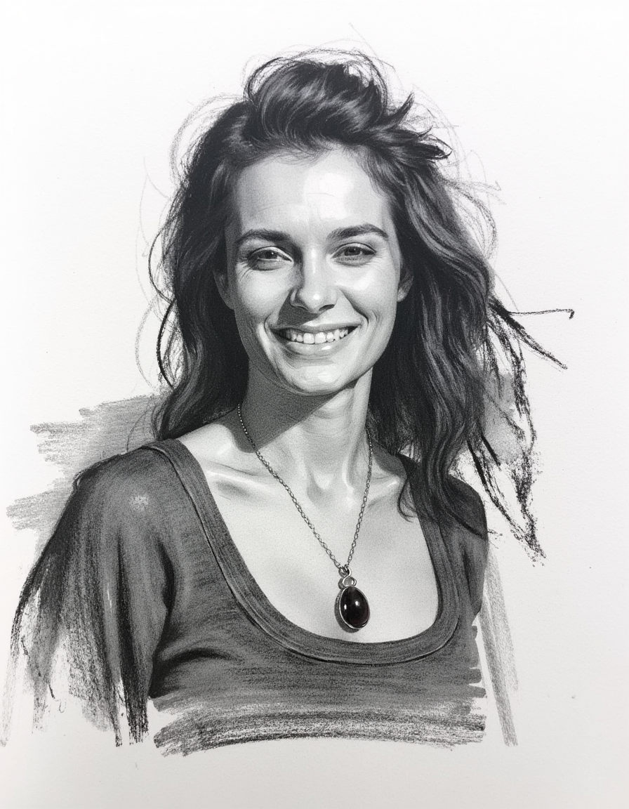 messy lardge smudge strokes, abstract style, charcoal portrait of a smiling happy woman wearing a necklace with a large gemstone. Loose fitting dress. very attractive. charcoal smudges and artistic drawing details.<lora:Charcoal.safetensors:1.0:1.0>
