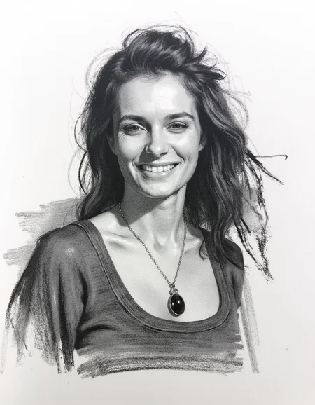 messy lardge smudge strokes, abstract style, charcoal portrait of a smiling happy woman wearing a necklace with a large gemstone. Loose fitting dress. very attractive. charcoal smudges and artistic drawing details.<lora:Charcoal.safetensors:1.0:1.0>