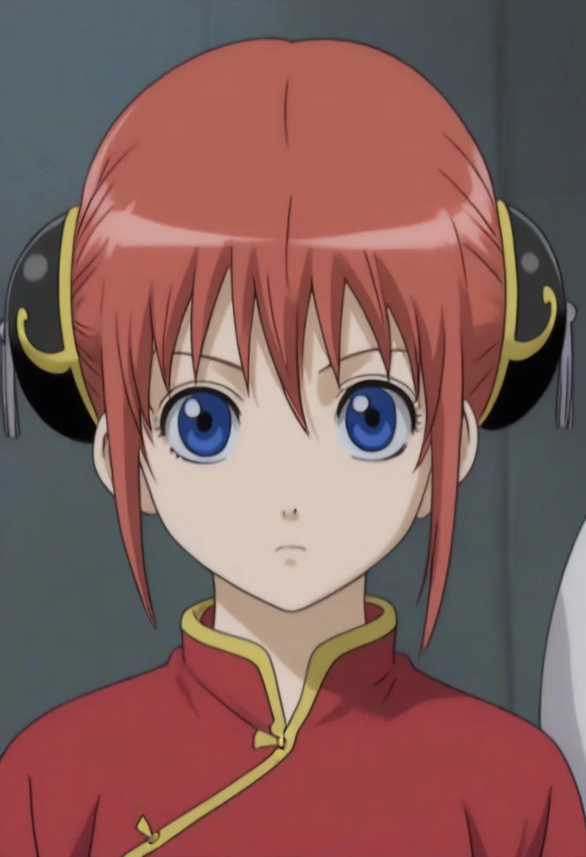 <lora:Kagura:0.8>blue eyes, red hair, Kagura red cheongsam with yellow piping outfit, Chinese clothes, double bun, bun cover, China dress,