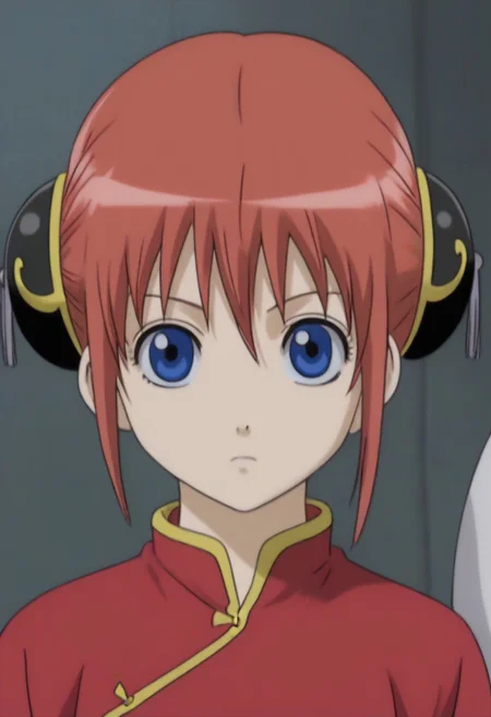 <lora:Kagura:0.8>blue eyes, red hair, Kagura red cheongsam with yellow piping outfit, Chinese clothes, double bun, bun cover, China dress,