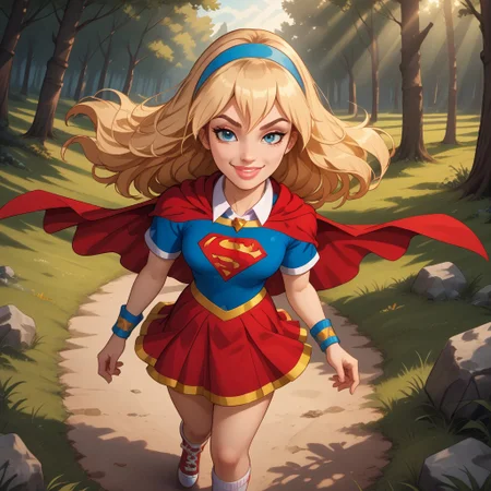 score_9, score_8, BREAK, solo, Supergirl_(DC_Super_Hero_Girls), 1girl, blonde hair, long hair, blue headband, blue eyes, makeup, pink lipstick, blue shirt, short sleeves, collared shirt, red cape, red skirt, bracelet, necklace, red shoes, white socks, self portrait, smile, looking at viewer, outdoors, sunlight, shadows, evening lighting, natural lighting, forest, trees, grass, orange sky, sunset