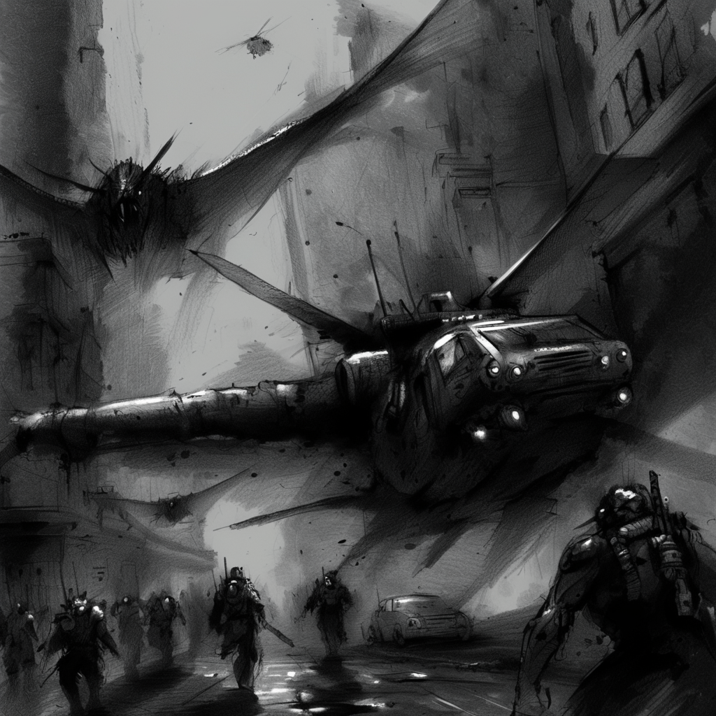drawix8 invasion of the oppressors, vehicles flying down the big city, dark atmosphere, terror, expressive <lora:drawix8:1>