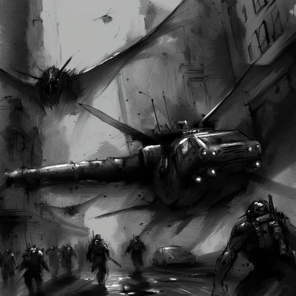 drawix8 invasion of the oppressors, vehicles flying down the big city, dark atmosphere, terror, expressive <lora:drawix8:1>