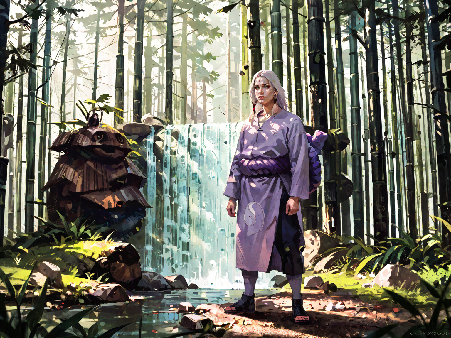 <lora:NarutoConceptStyle:0.8>, <lora:k1m1maro:0.8>, adult man, k1m1maro, green eyes, red eyeliner, forehead mark, white hair, long hair, tan tunic, long sleeves, purple rope belt, very long sleeves, male focus, standing, bamboo forest, waterfall, outdoors, solo, looking away, <lora:AlexanderMandradjiev:0.8>, zPDXL3, score_9, score_8_up, score_7_up, score_6_up, score_5_up, score_4_up, realistic, real, hyper realistic, (source_real:1.3)