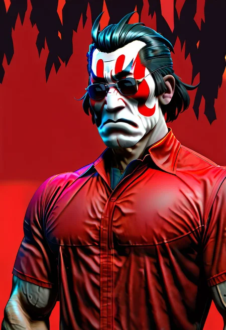 masterpiece, best quality, newest, absurdres, highres, anime, anime style, Kabuki-Makeup-IL.V1.0, makeup, facepaint, 1boy, helltaker \(helltaker\), sunglasses, glasses, black hair, short hair, muscular, muscular male