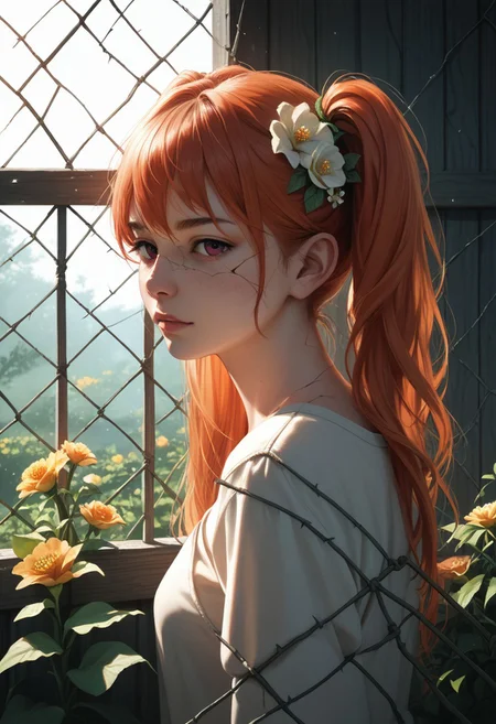 masterpiece, best quality, high quality, high details, source_anime, score_9, score_8_up, score_7_up, extremely detailed,
single red poppy flower growing beneath a rusty barbed wire fence, cracked dry soil, soft natural lighting, contrast between delicate flower and harsh metal, symbolic composition, realistic style