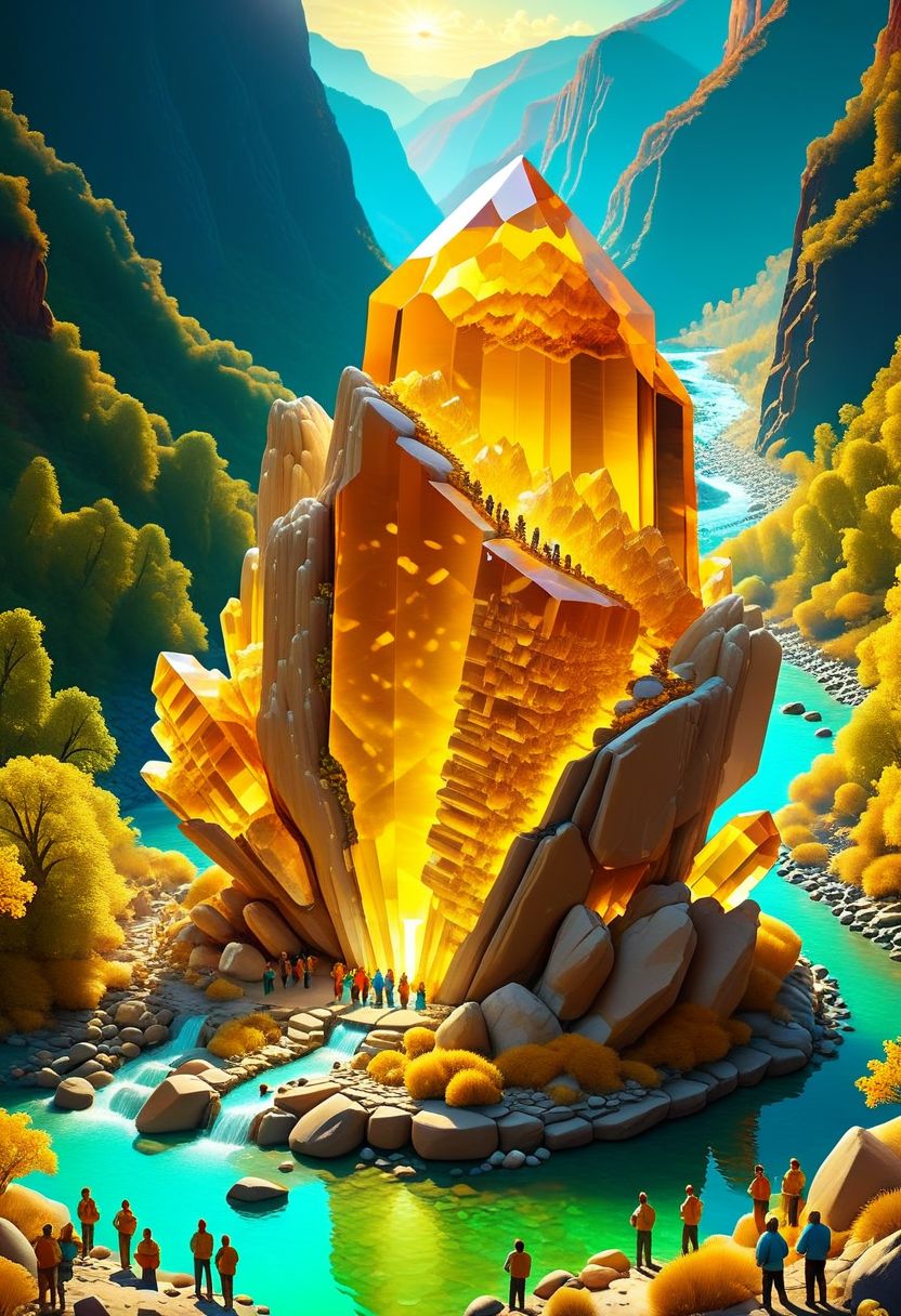 ispzxll, diorama, isometric, miniature, volumetric lighting style, intricate details, massive citrine crystal formation, natural setting, deep valley with river in background, crowds of people gathered, tourists, cameras, taking pictures, news helicopter